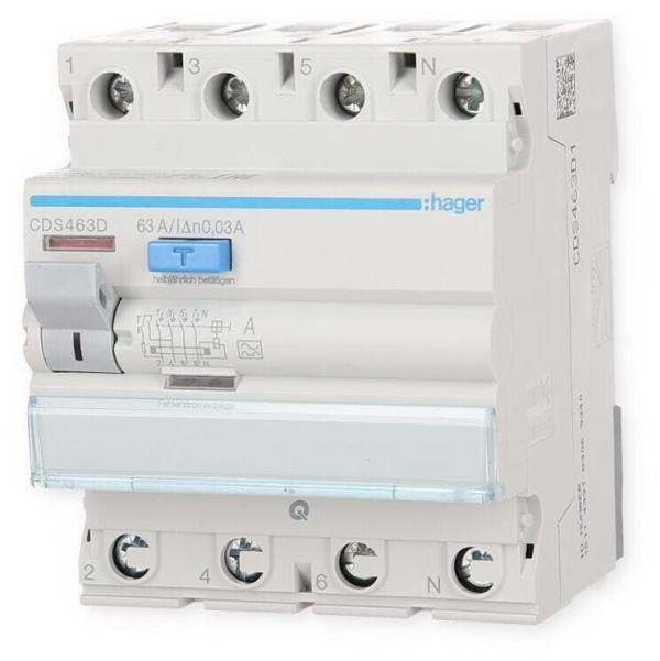 ARDEBO.de Hager CDS463D Fehlerstromschutzschalter, FI-Schalter 4-polig 6kA 63A 30mA Typ A QuickConnect