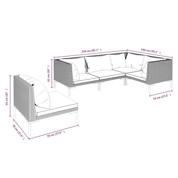 5-tlg. Garten-Lounge-Set mit Kissen Poly Rattan Dunkelgrau