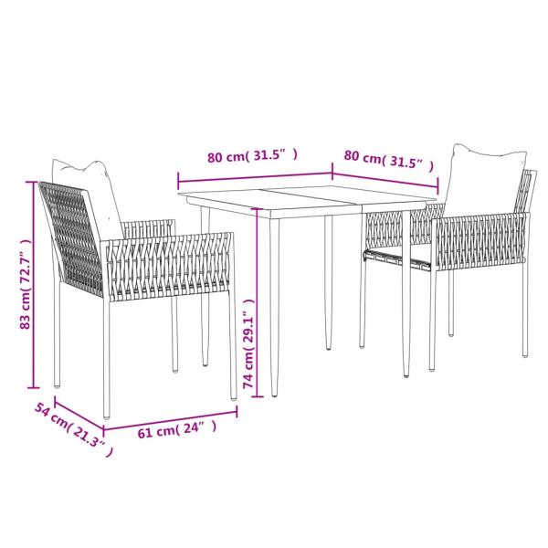 3-tlg. Garten-Essgruppe mit Kissen Poly Rattan und Stahl