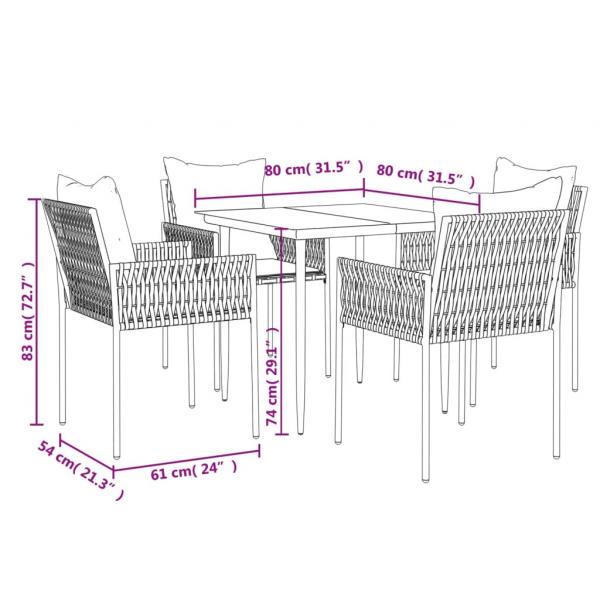 5-tlg. Garten-Essgruppe mit Kissen Poly Rattan und Stahl
