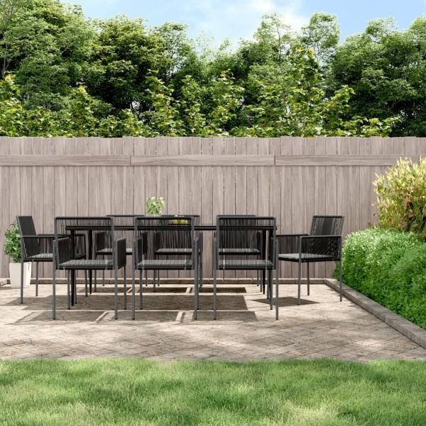 ARDEBO.de - 9-tlg. Garten-Essgruppe mit Kissen Schwarz Poly Rattan & Stahl