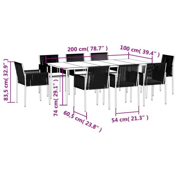 9-tlg. Garten-Essgruppe mit Kissen Schwarz Poly Rattan & Stahl