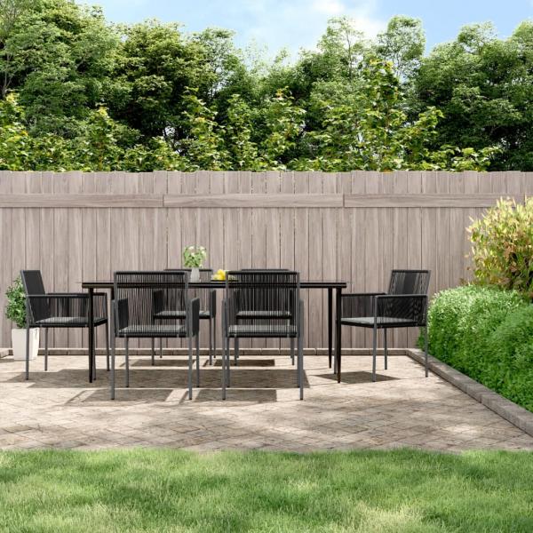 ARDEBO.de - 7-tlg. Garten-Essgruppe mit Kissen Schwarz Poly Rattan & Stahl
