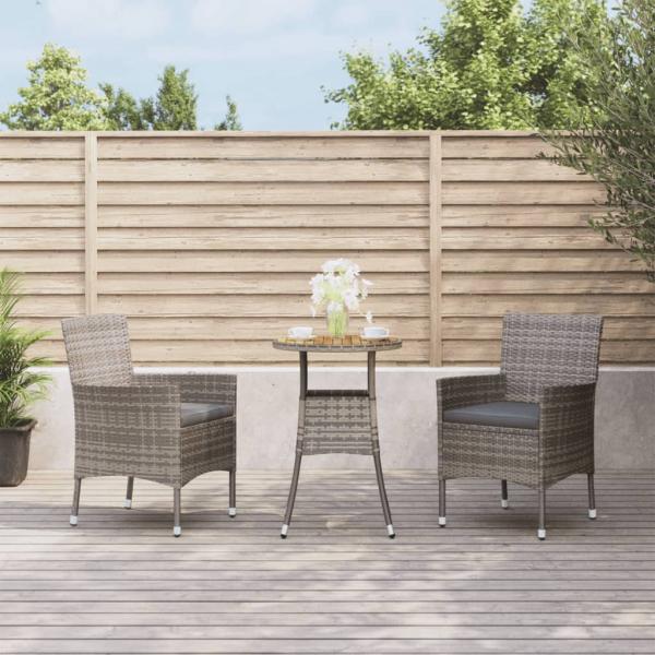 ARDEBO.de - 3-tlg. Garten-Bistro-Set mit Kissen Grau Poly Rattan