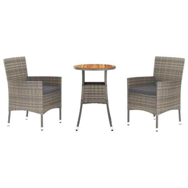 3-tlg. Garten-Bistro-Set mit Kissen Grau Poly Rattan