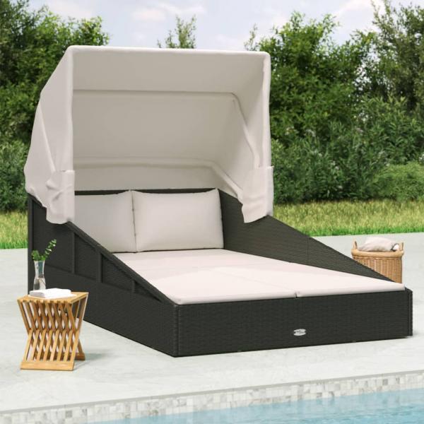 ARDEBO.de - Sonnenliege mit Faltdach Schwarz 200x114x128 cm Poly Rattan