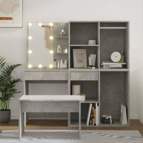 ARDEBO.de - Schminktisch-Set mit LED Betongrau Holzwerkstoff