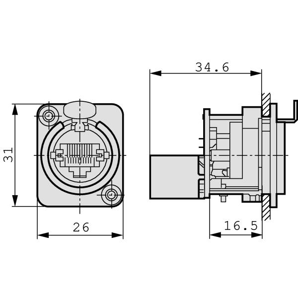 RJ45-Durchgangsbuchse, D-förmiger Metallflansch mit Verriegelungsverriegelung, Befestigungsschrauben enthalten