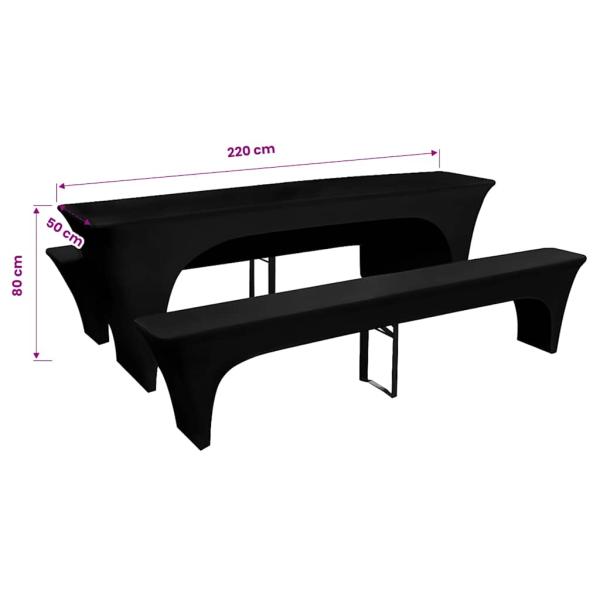 3 Schonbezüge für Biertisch und Bänke Stretch Schwarz 220 x 50 x 80 cm
