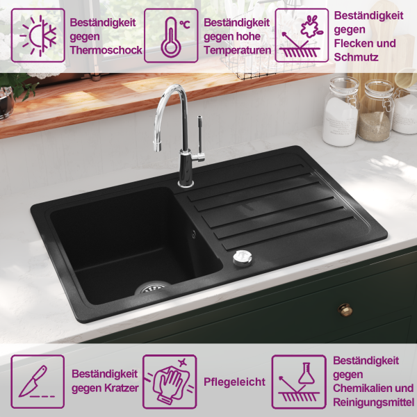 Granitspüle mit Abtropffläche Reversibel Schwarz
