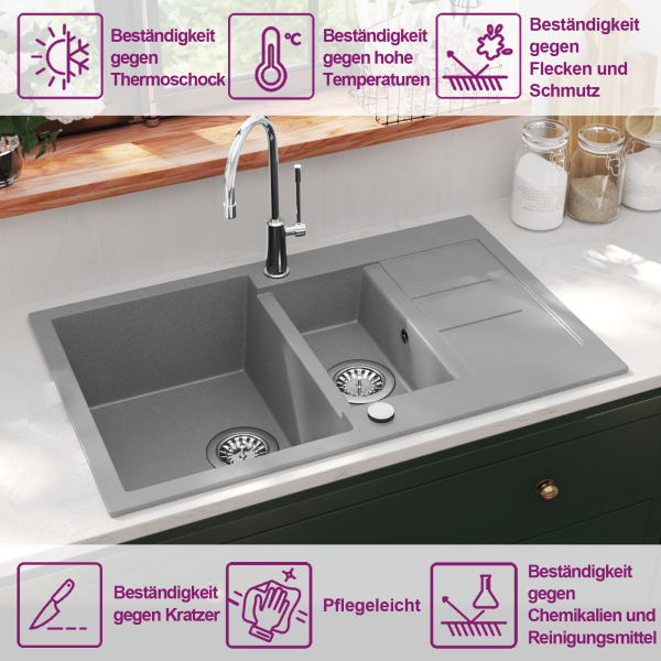 Granitspüle Doppelbecken Grau 