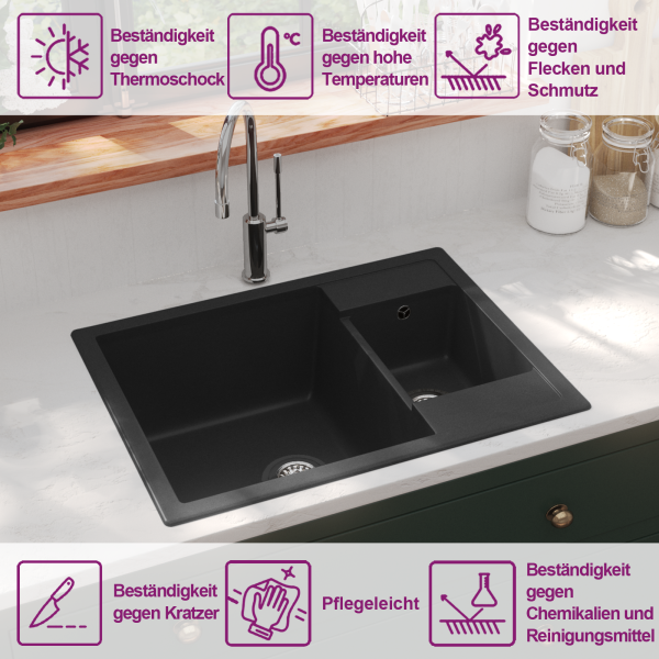 Küchenspüle mit Überlauf Doppelbecken Schwarz Granit