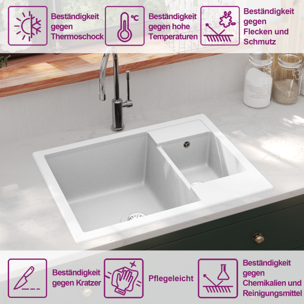 Küchenspüle mit Überlauf Doppelbecken Weiß Granit