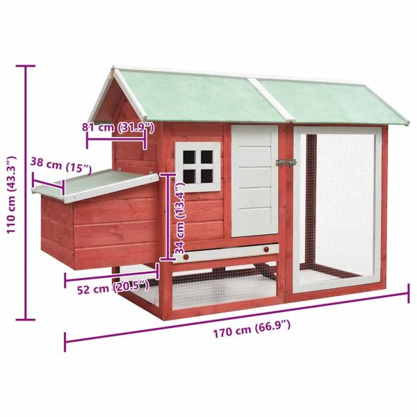 Hühnerkäfig Rot 170x81x110 cm Massivholz Kiefer & Tanne