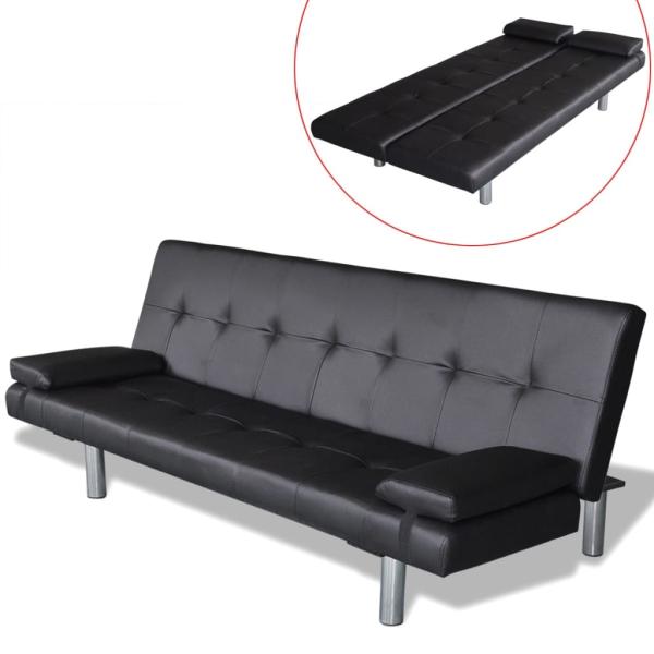 Schlafsofa mit 2 Kissen Kunstleder Ausziehbar Schwarz  