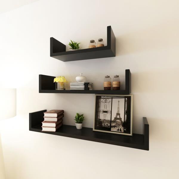 ARDEBO.de - 3-tlg. Wandregal-Set U-Form für Bücher DVD MDF Schwarz