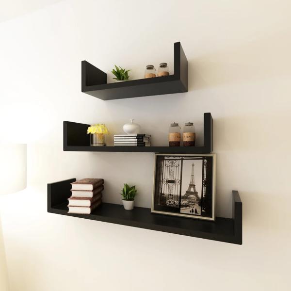 3-tlg. Wandregal-Set U-Form für Bücher DVD MDF Schwarz