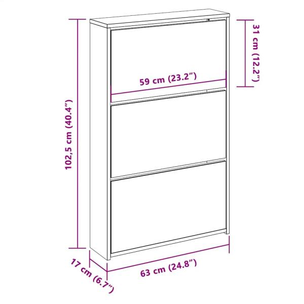 Schuhschrank mit 3 Fächern Spiegel Eiche-Optik 63x17x102,5 cm