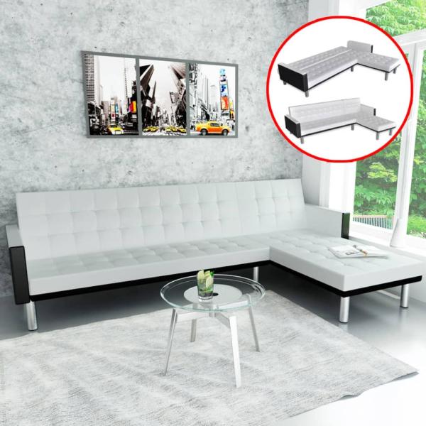 Schlafsofa L-Form Kunstleder Weiß 