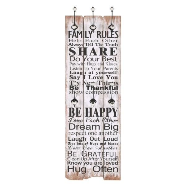 Wandgarderobe mit 6 Haken 120 x 40 cm "FAMILY RULES" 