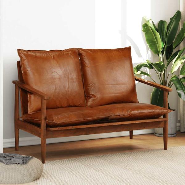 2-Sitzer-Sofa Echtleder Akazienholz Braun