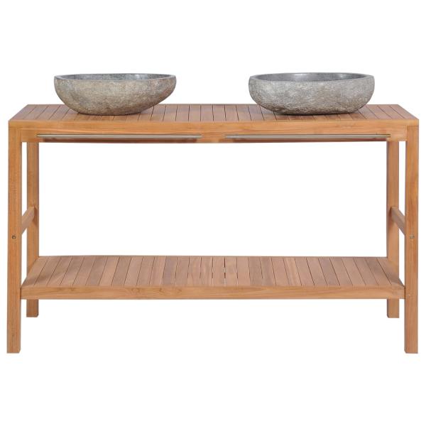 Waschtischunterschrank Teak Massiv mit Flussstein Waschbecken