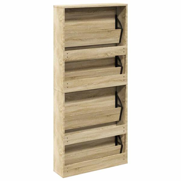 Schuhschrank mit 4 Fächern Spiegel Eiche 63×17×134 cm