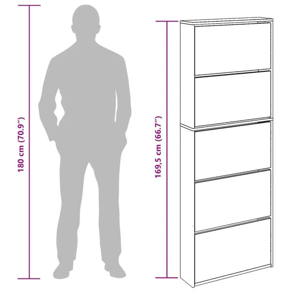Schuhschrank mit 5 Fächern Spiegel Eiche 63x17x169,5 cm