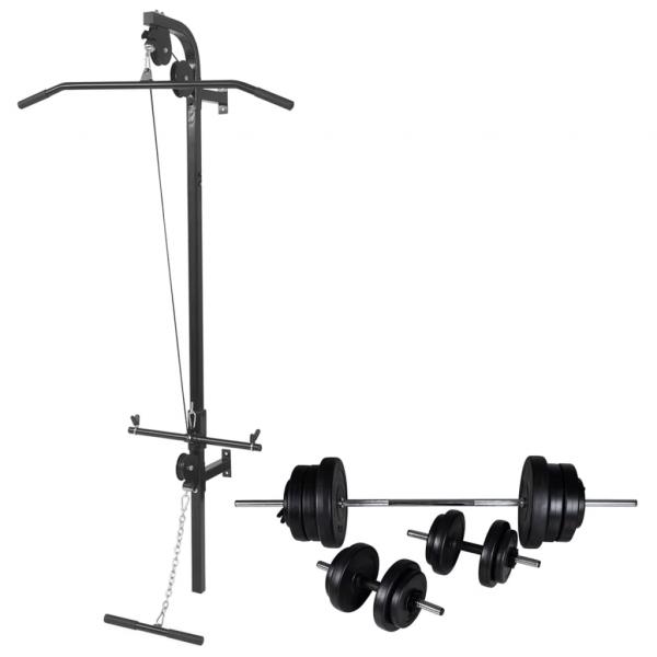 ARDEBO.de - Kraftturm zur Wandmontage mit Lang- und Kurzhantel-Set 60,5 kg