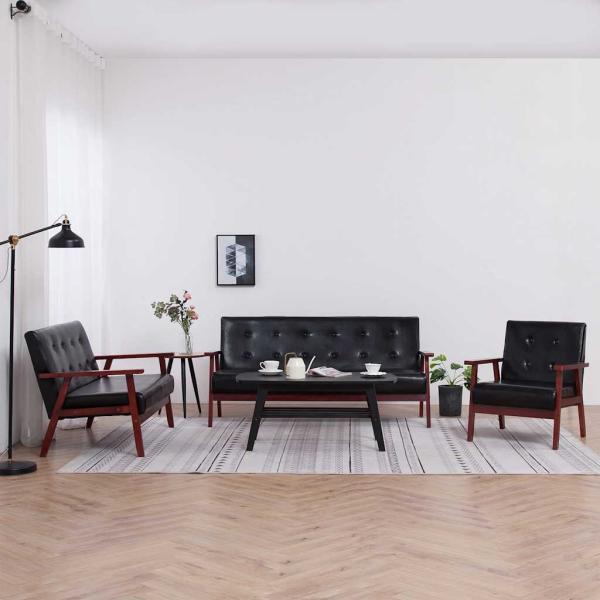 3-tlg. Sofagarnitur Schwarz Kunstleder