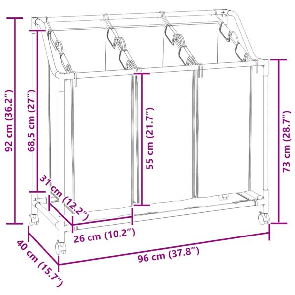 Wäschekorb mit 3 Taschen Creme Stahl 