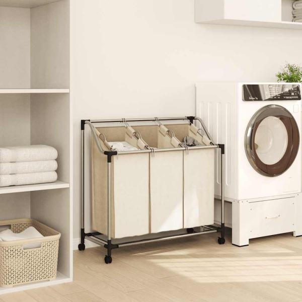 Wäschekorb mit 3 Taschen Creme Stahl 