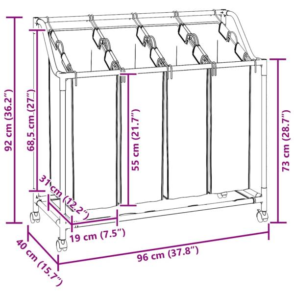 Wäschekorb mit 4 Taschen Creme Stahl 