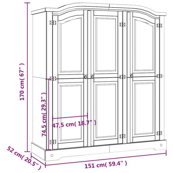 Kleiderschrank Mexiko-Stil Kiefernholz 3 Türen Grau