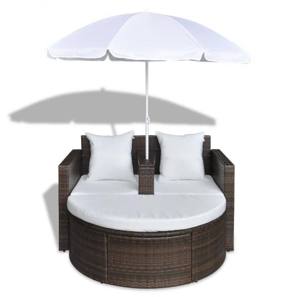 Gartenbett mit Sonnenschirm Braun Poly Rattan