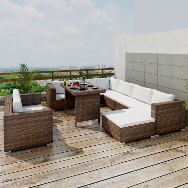 ARDEBO.de - 10-tlg. Garten-Lounge-Set mit Auflagen Poly Rattan Braun