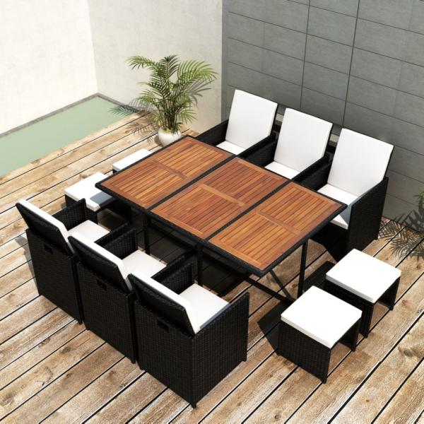 ARDEBO.de - 11-tlg. Garten-Essgruppe Poly Rattan Akazienholz Schwarz