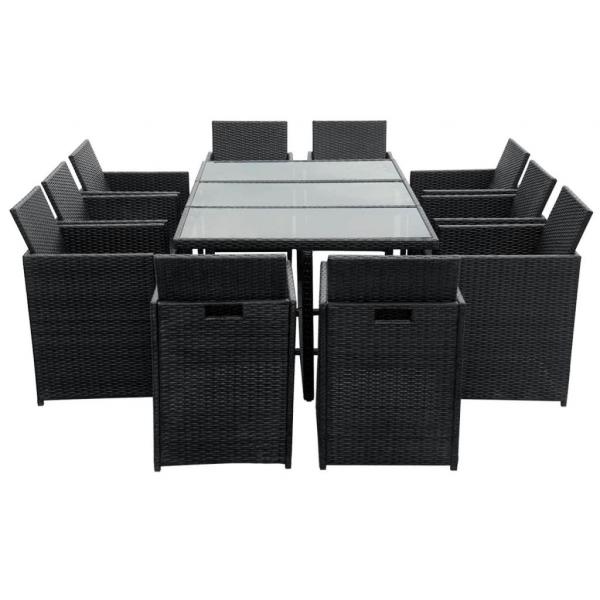 11-tlg. Garten-Essgruppe mit Auflagen Poly Rattan Schwarz