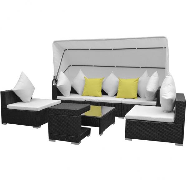 ARDEBO.de - 7-tlg. Garten-Lounge-Set mit Sonnendach Poly Rattan Schwarz