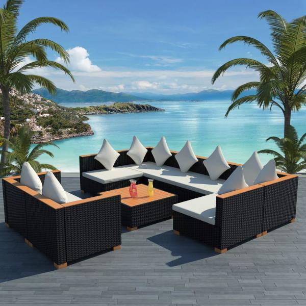 ARDEBO.de - 9-tlg. Garten-Lounge-Set mit Auflagen Poly Rattan Schwarz