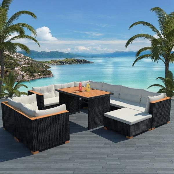 ARDEBO.de - 10-tlg. Garten-Lounge-Set mit Auflagen Poly Rattan Schwarz