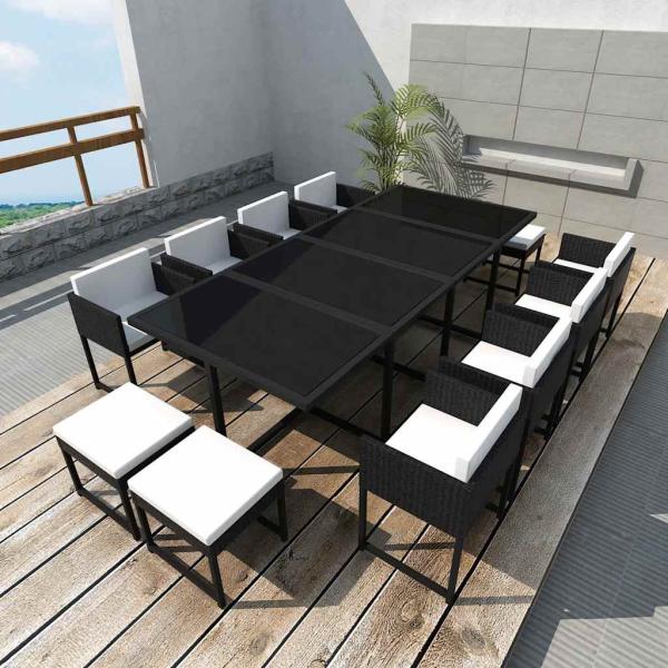 ARDEBO.de - 13-tlg. Garten-Essgruppe mit Auflagen Poly Rattan Schwarz