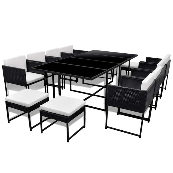 13-tlg. Garten-Essgruppe mit Auflagen Poly Rattan Schwarz