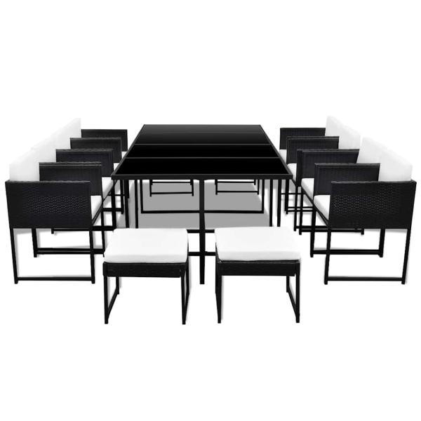 13-tlg. Garten-Essgruppe mit Auflagen Poly Rattan Schwarz