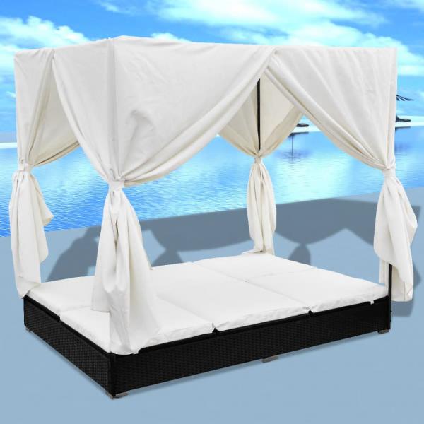 ARDEBO.de - Outdoor-Loungebett mit Vorhang Poly Rattan Schwarz