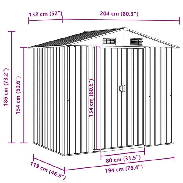 Gartenschuppen Grau Metall 204 x 132 x 186 cm
