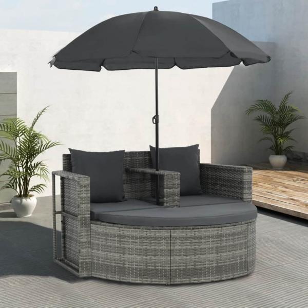 ARDEBO.de - Gartenbett mit Sonnenschirm Grau Poly Rattan