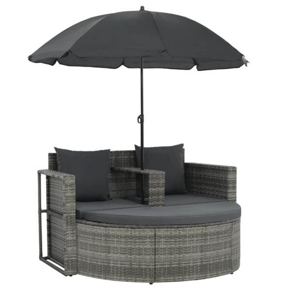 Gartenbett mit Sonnenschirm Grau Poly Rattan