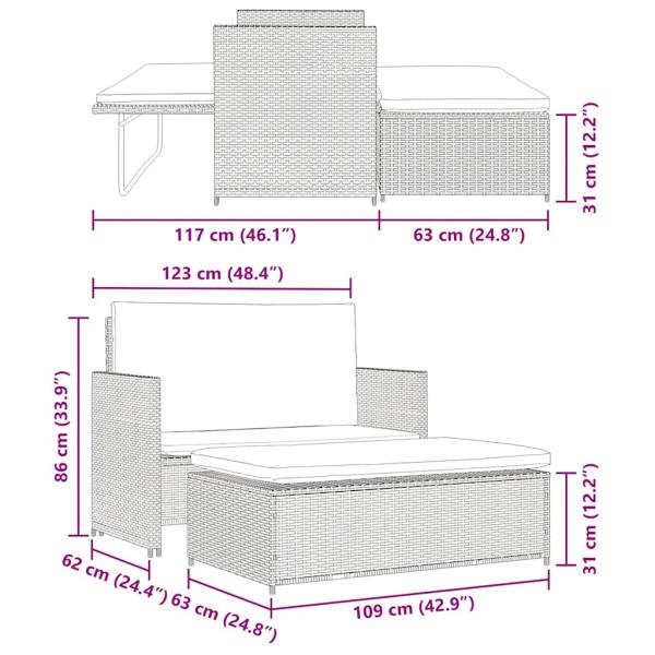 2-tlg. Garten-Lounge-Set mit Auflagen Poly Rattan Grau