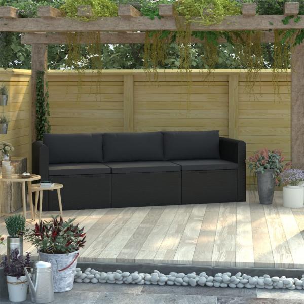 ARDEBO.de - 3-tlg. Garten-Sofagarnitur mit Auflagen Poly Rattan Schwarz